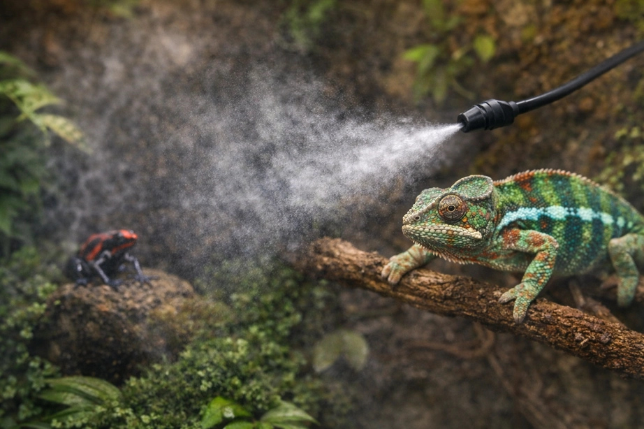 pressurized terrarium misting nozzle spraying chameleon and dart frog in tropical enclosure