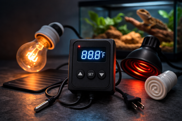 reptile thermostat controller with basking bulb and ceramic heat emitter