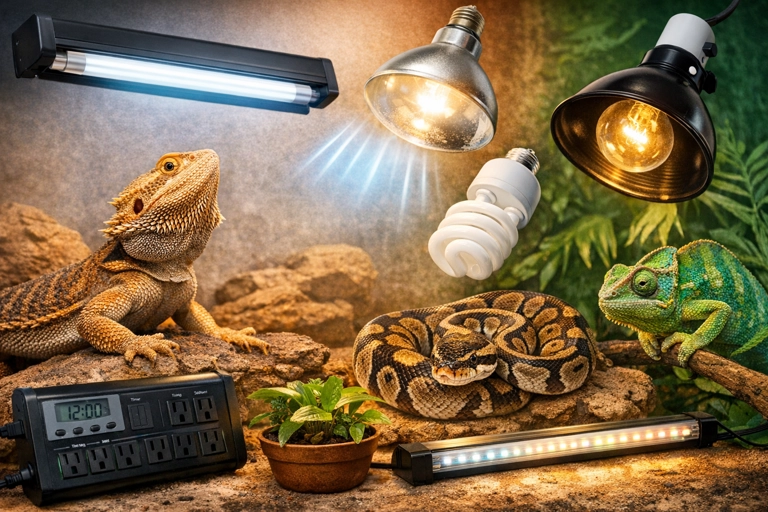 reptile uvb lighting equipment with bearded dragon, ball python and chameleon