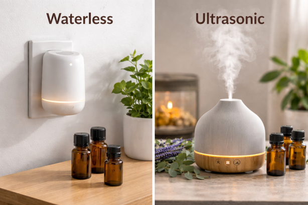 side-by-side comparison of a waterless plug-in diffuser and an ultrasonic essential oil diffuser