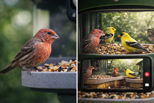 single lens close-up versus dual lens wide-angle bird feeder camera views
