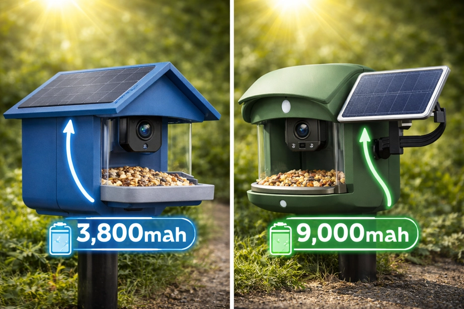 smart bird feeder battery comparison - 3800mah integrated solar versus 9000mah detachable solar panel