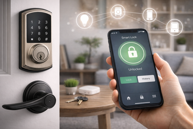 smart lock with touchscreen keypad controlled via smartphone app showing unlocked status