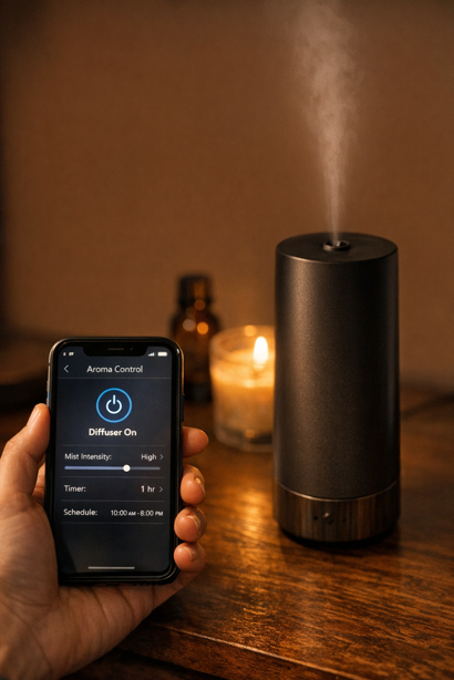smart nebulizing diffuser on a wooden surface with a hand holding a smartphone showing app schedule and intensity controls