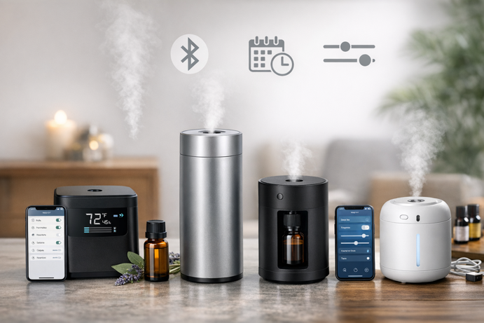 smart nebulizing diffusers with Bluetooth app control, scheduling icons and essential oil bottle on a wooden surface