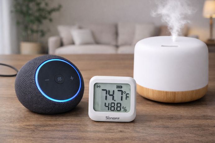 sonoff snzb-02wd zigbee temperature sensor, echo dot max and smart diffuser in living room