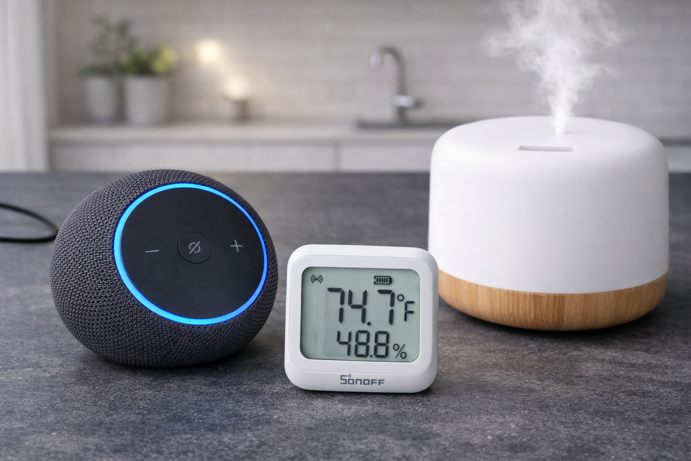 sonoff snzb-02wd zigbee temperature sensor, echo dot max and smart diffuser on kitchen counter