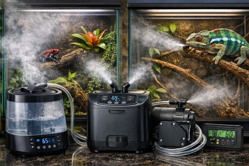 terrarium mister and reptile fogger humidity systems beside dart frog and chameleon enclosures