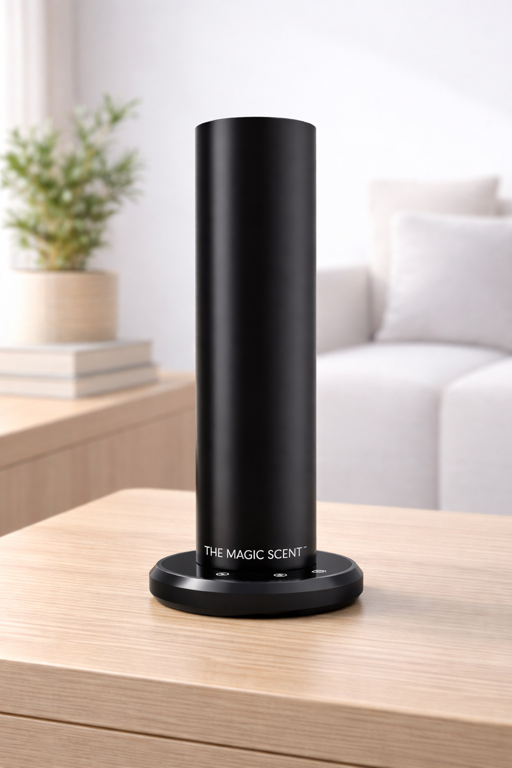the magic scent tms lux bt bluetooth nebulizing diffuser on a wooden surface in a bright living room