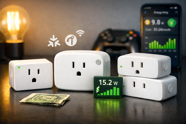 three matter smart plugs with energy monitoring, displayed with dollar bill and app screen showing power usage