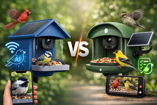 two ai smart bird feeders compared side by side with smartphone app screens