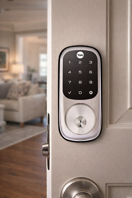 yale assure touchscreen smart lock with physical key backup installed on white door
