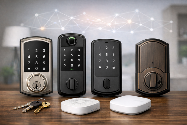 zigbee smart locks with touchscreen keypads and zigbee hub devices on wooden surface
