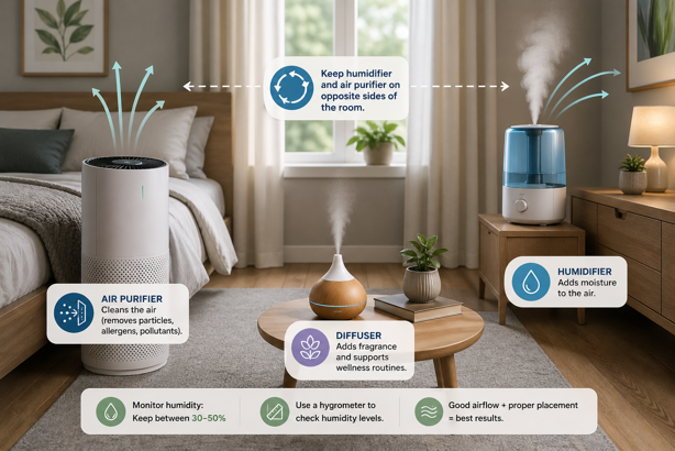 air purifier and humidifier on opposite sides of a bedroom with a diffuser in the centre showing correct placement for using all three together