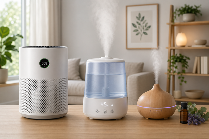 air purifier, humidifier and diffuser side by side on a wooden surface in a modern living room