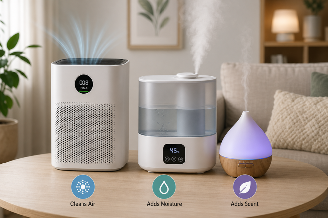 air purifier, humidifier and diffuser with labels showing cleans air, adds moisture and adds scent