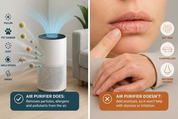 air purifier removing pollen dust and pet dander with dry skin and chapped lips showing what it cannot fix