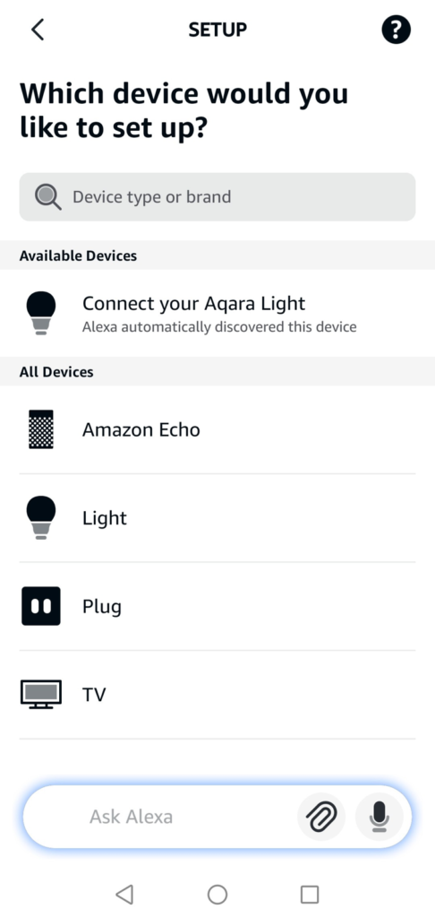 alexa app showing aqara light automatically discovered before setup