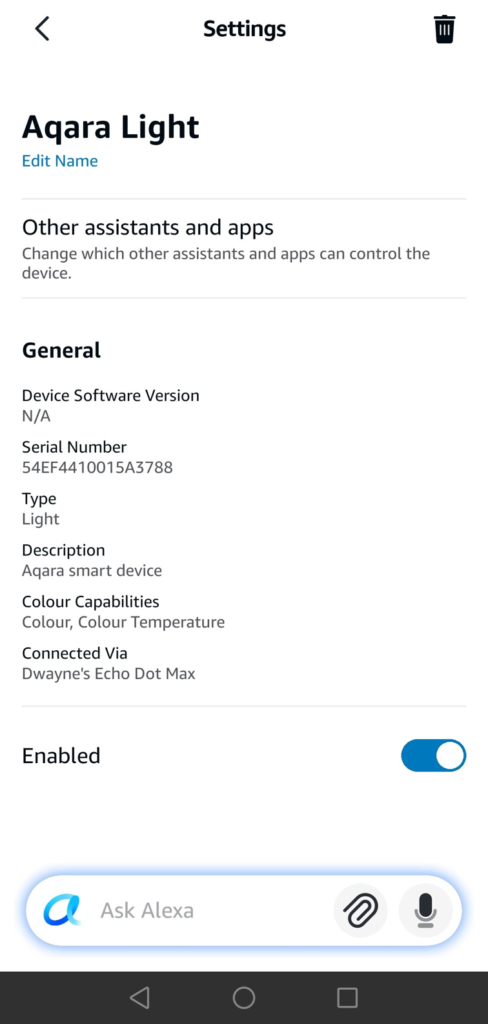 alexa app device settings showing aqara light connected via echo dot max