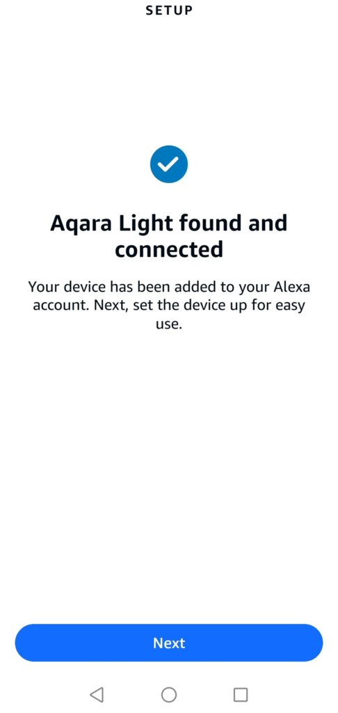 alexa app confirmation screen showing aqara light found and connected