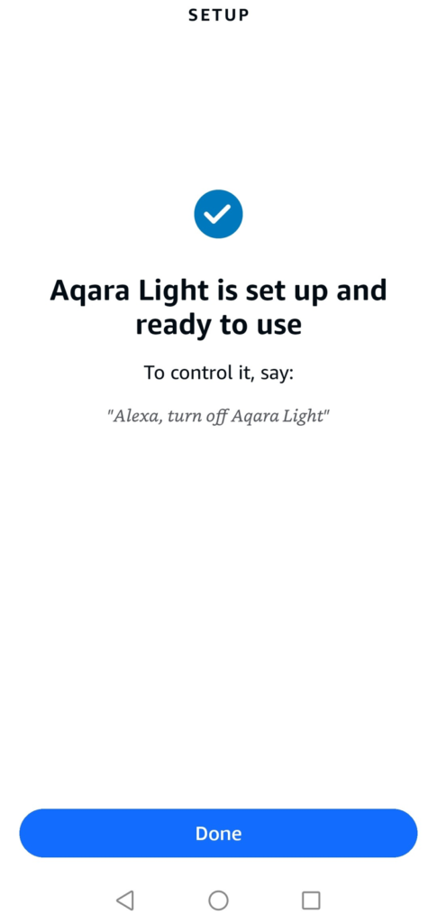 alexa app showing aqara light set up and ready to use
