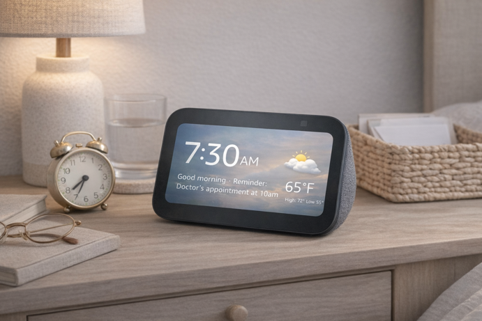 amazon echo show 5 on bedroom nightstand showing morning reminder and weather