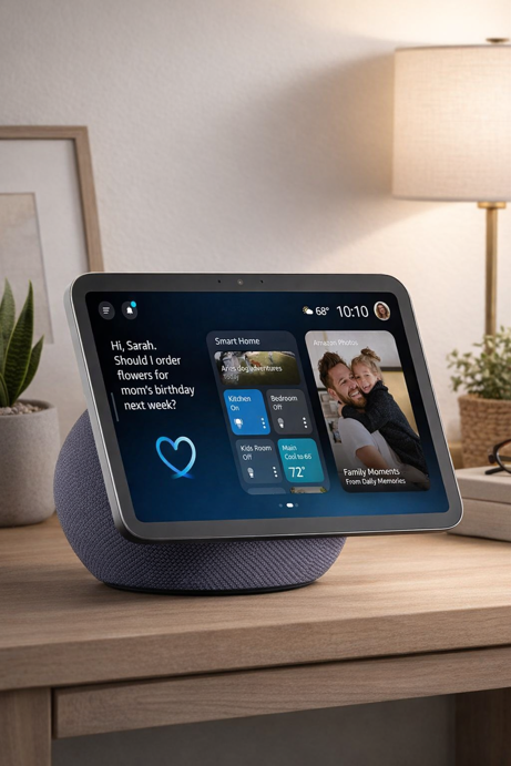 amazon echo show 8 on a wooden side table showing smart home controls and family photos