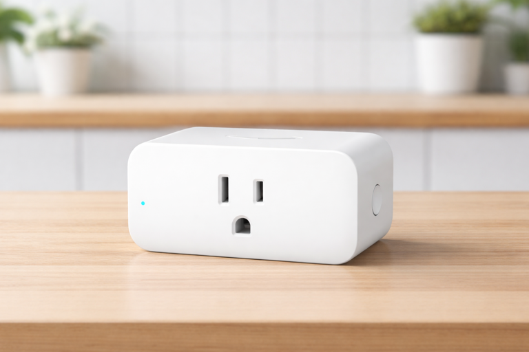 amazon smart plug on wooden kitchen surface with blue status light