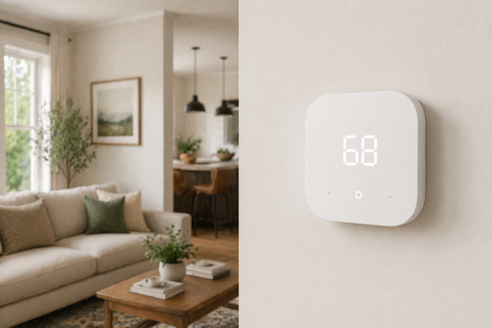 amazon smart thermostat mounted on a wall in a modern living room