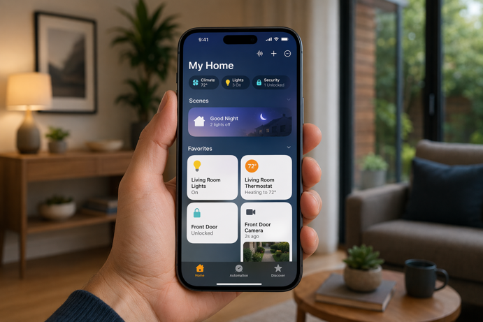apple home app on iphone showing scenes, thermostat, smart lock and doorbell camera