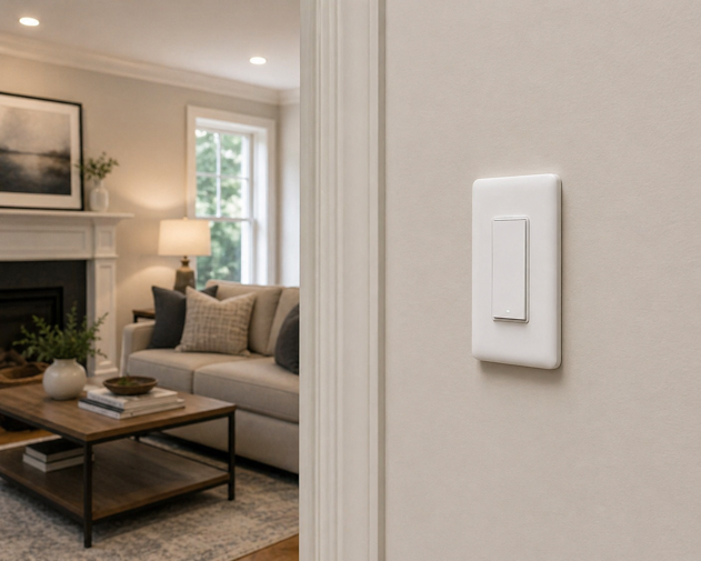aqara smart light switch no neutral single rocker mounted on wall with living room in background
