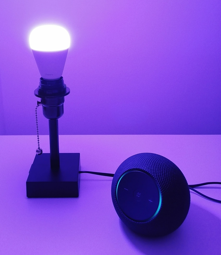 aqara t2 bulb lit purple next to echo dot max thread border router