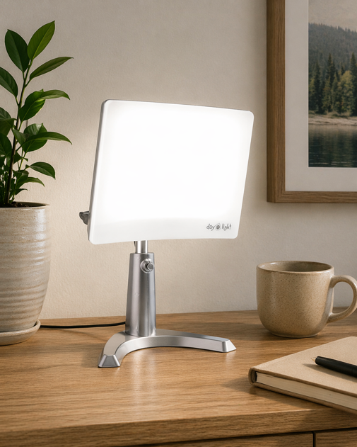 carex day-light classic plus light therapy lamp on a desk with adjustable stand