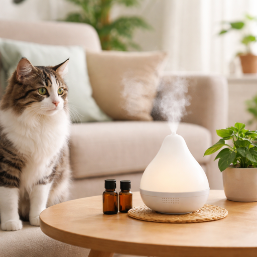 cat sitting beside a running diffuser and essential oil bottles on a living room coffee table