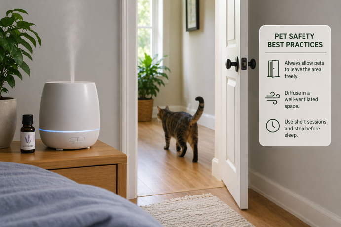 cat walking out of a bedroom through an open door while a diffuser runs on a nightstand with pet safety best practices overlay