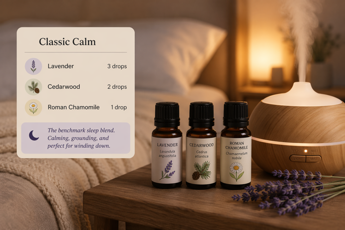 classic calm diffuser blend recipe card showing lavender, cedarwood and roman chamomile drop counts on a bedside table