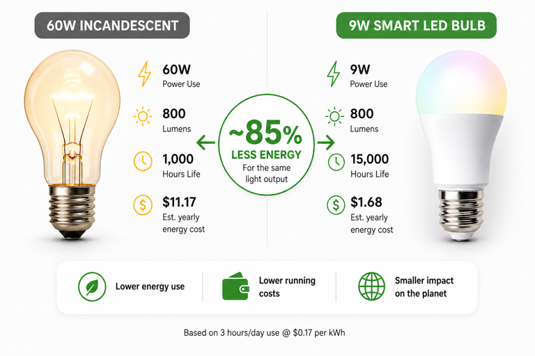 comparison of 60w incandescent versus 9w smart led bulb showing 85 percent less energy for the same 800 lumen output