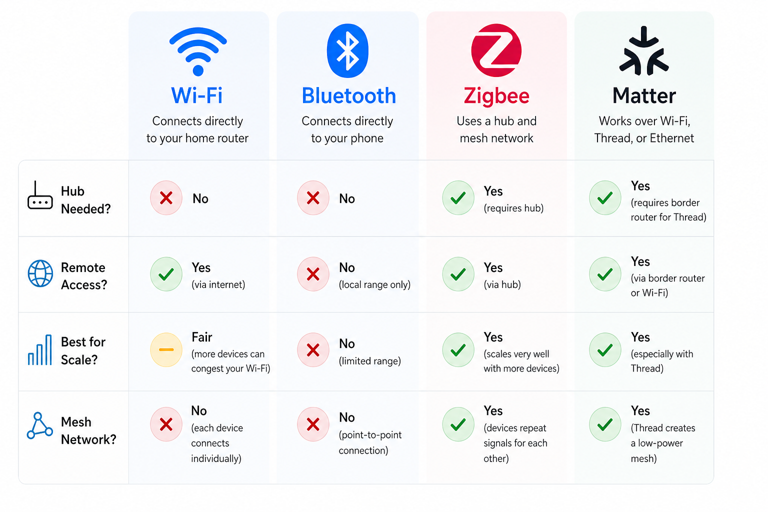comparison table of wi-fi, bluetooth, zigbee and matter smart bulb protocols covering hub requirements, remote access, scale and mesh networking