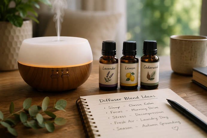diffuser blend ideas notepad listing sleep focus stress and seasonal recipes alongside lavender lemon and cedarwood oil bottles