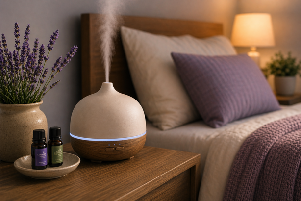 diffuser misting on a bedroom nightstand with lavender and roman chamomile essential oil bottles in warm evening light