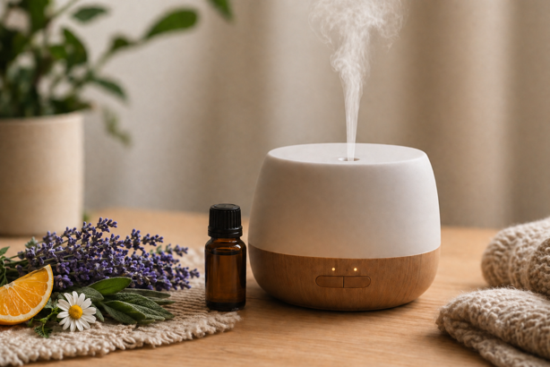 diffuser misting on a wooden surface with lavender, chamomile, orange and clary sage alongside an essential oil bottle