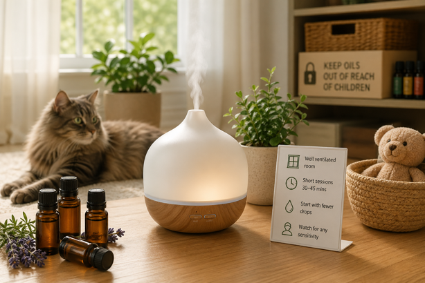 diffuser running in a ventilated room with a cat nearby and a safety card showing ventilation, short sessions, fewer drops and sensitivity guidance