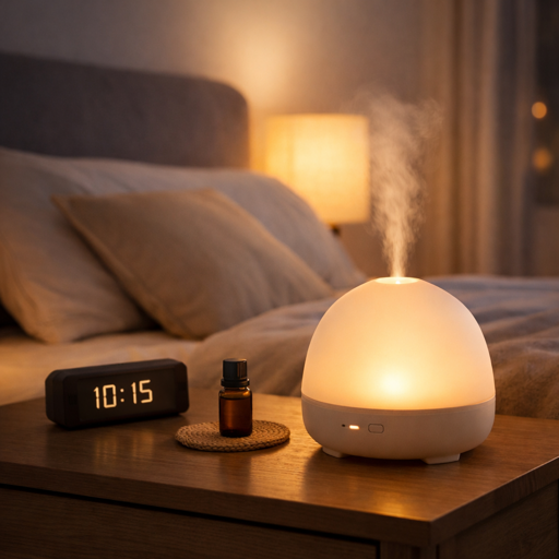 diffuser running on a bedroom nightstand at night with a clock showing 10:15 and an essential oil bottle alongside