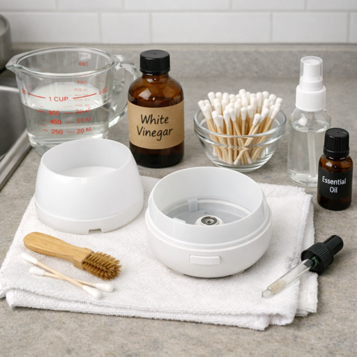 disassembled diffuser tank with white vinegar cotton swabs, brush and cleaning tools laid out on a towel