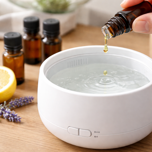essential oil being dropped into a diffuser water tank with oil bottles and lavender in the background