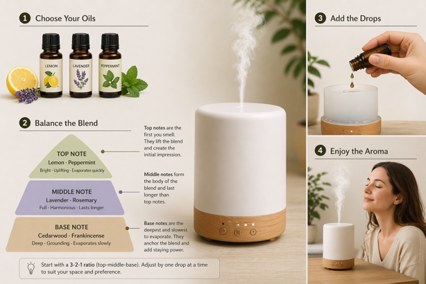 essential oil blending guide showing four steps to choose oils - balance top, middle and base notes, add drops and enjoy the diffuser