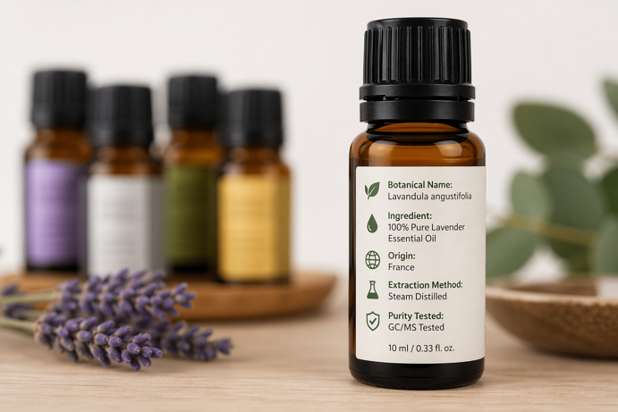 essential oil bottle label showing botanical name, origin, extraction method and gc/ms purity testing alongside other oil bottles