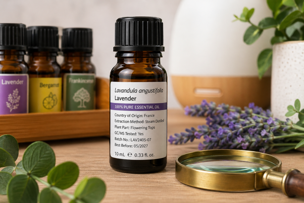 essential oil label showing latin name, purity statement, country of origin extraction method and gc/ms testing with magnifying glass