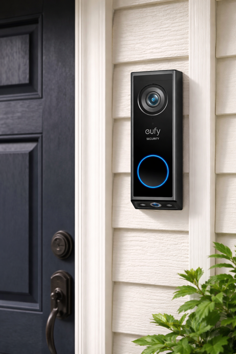 eufy security video doorbell e340 with dual cameras mounted on white siding beside dark front door