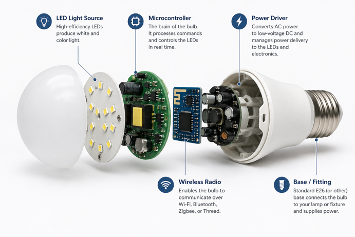 exploded diagram of smart bulb showing led light source, microcontroller, power driver, wireless radio and e26 base